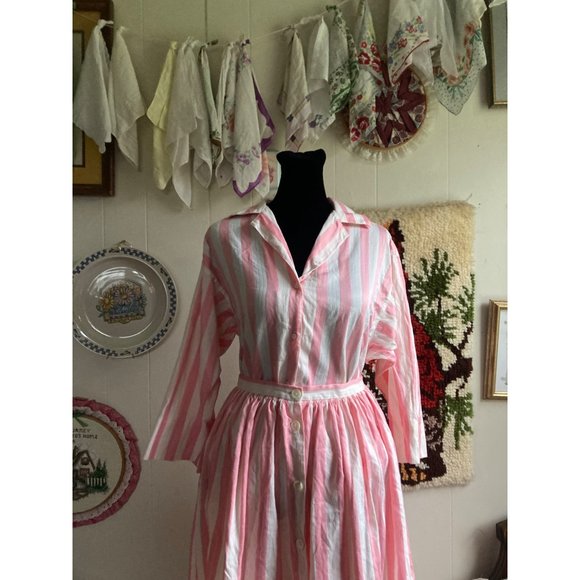 80's VTG 100% cotton coquette pastel cream & pink candy striper blouse and skirt - Picture 4 of 9